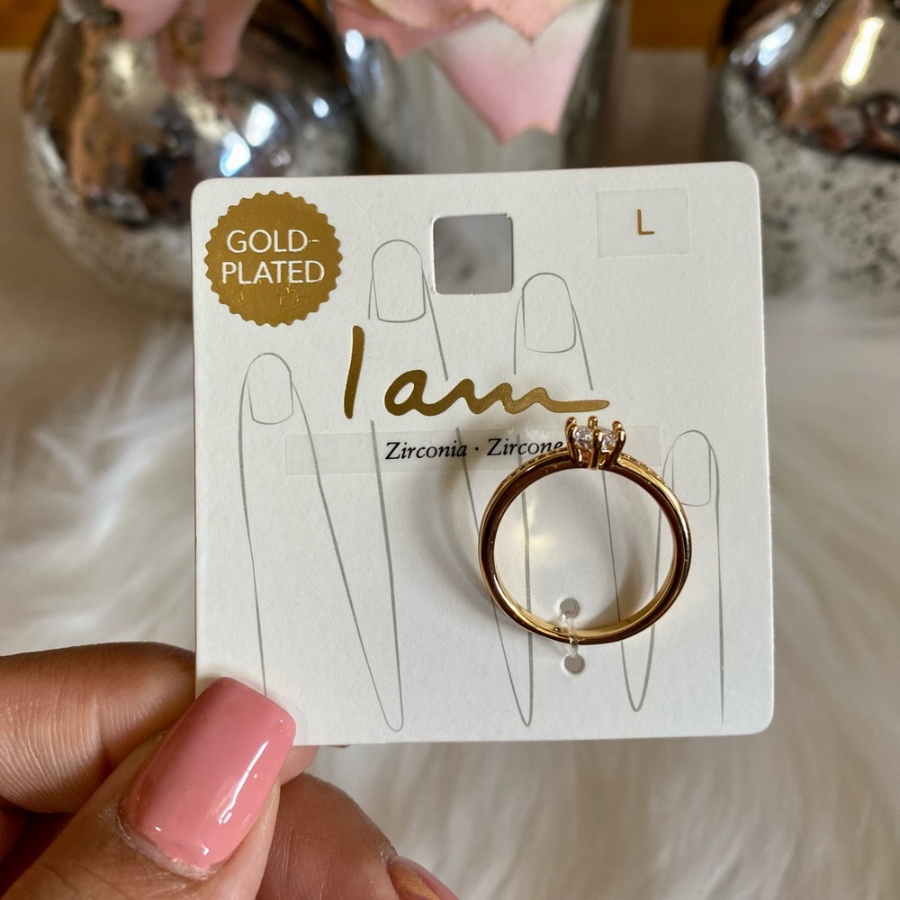 I am Gold Plated Zirconia Ring Sz L